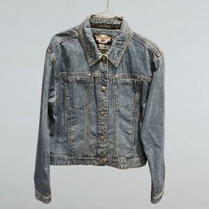 Vtg Harley Davidson Denim Trucker Jacket Metal Studs Embroidered Snap Button Lrg